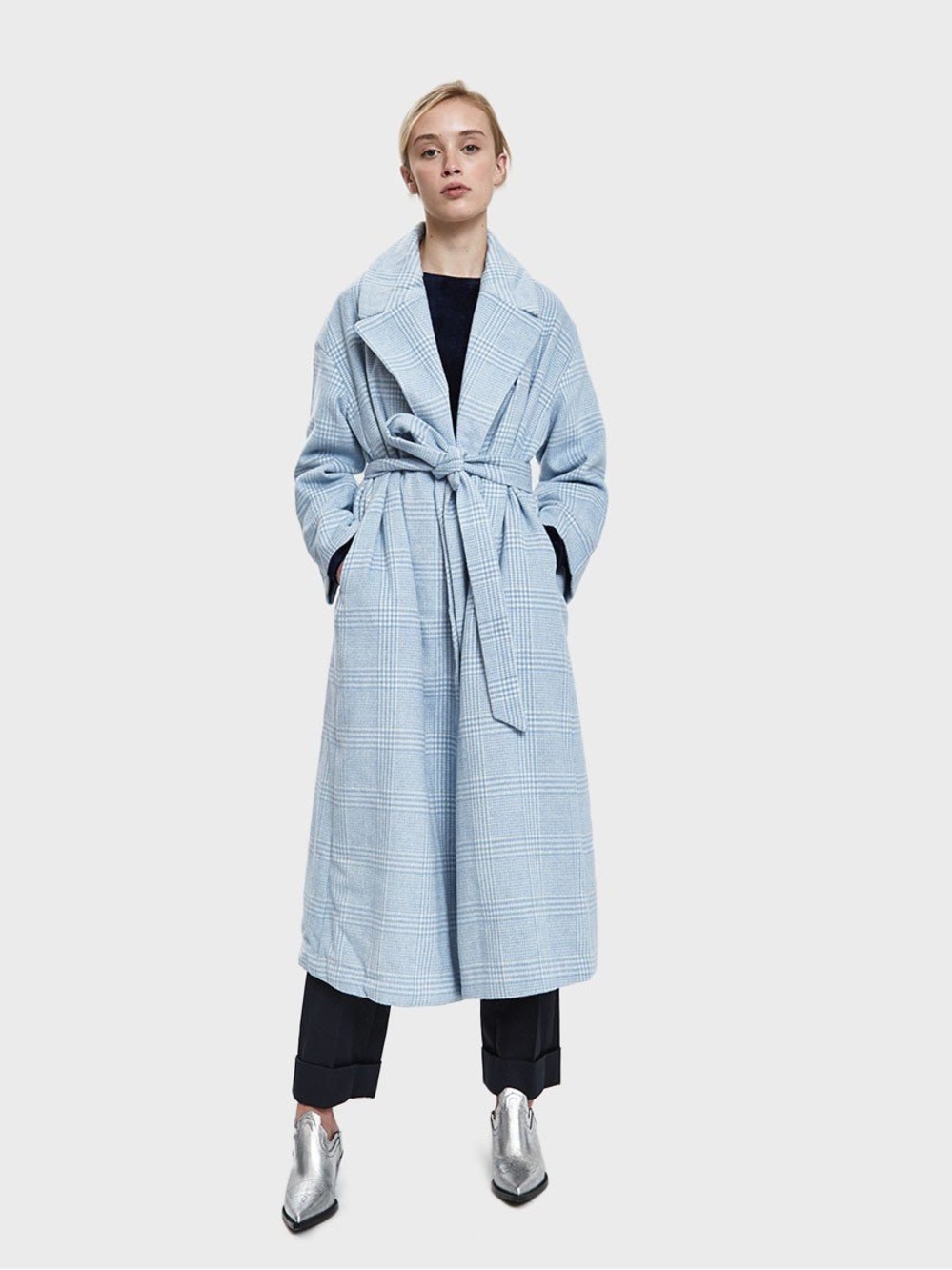 Ganni Light Blue Plaid Wrap Coat
